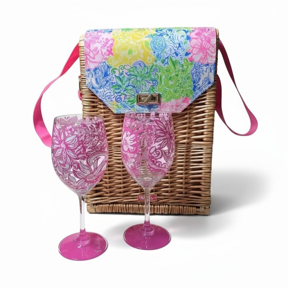 Lilly Pulitzer Wine Basket with Shoulder Strap and Two Wine Glasses